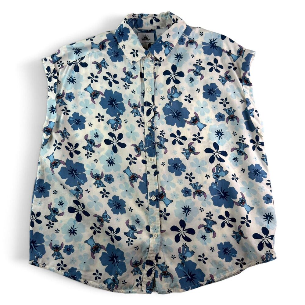 lilo and stitch aloha floral sleeveless button front shirt l by disney woven top